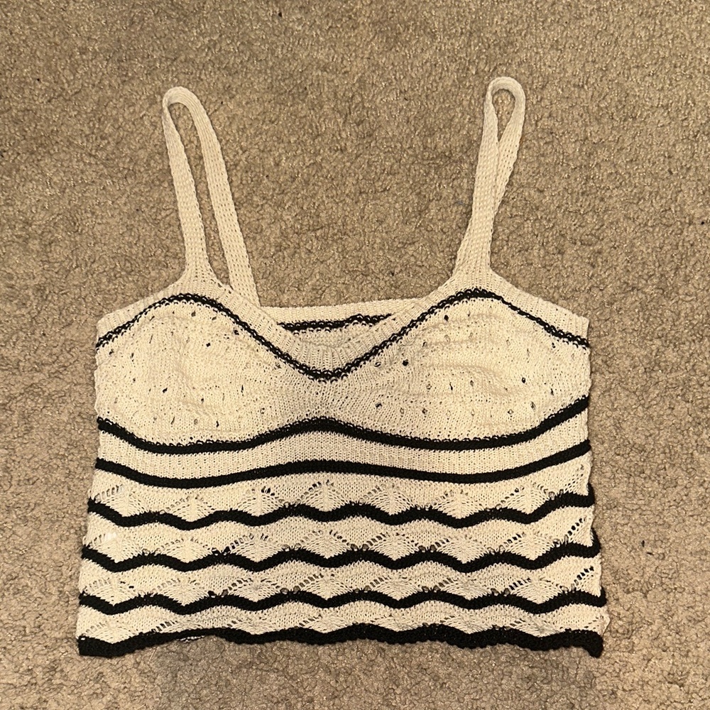 Crochet Stripe Knit Tank Top - Cream & Black